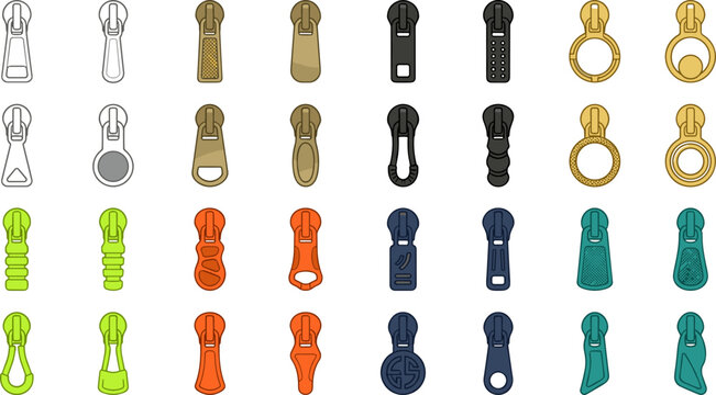 Zipper pull tabs vector illustration set featuring garment slider fasteners metal ring pullers textured rubber cords and plastic zipper sliders collection