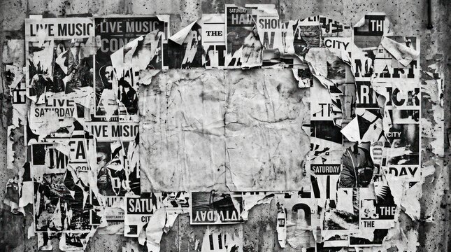 A weathered, textured wall is covered in a chaotic collage of faded, peeling posters. The posters advertise live music events, art shows, and various city promotions.
