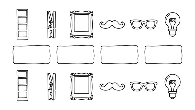 Retro Photo Booth Props: A collection of hand-drawn doodle-style elements perfect for creating fun and memorable photo booth experiences, featuring a light bulb, glasses, mustache, picture frame.