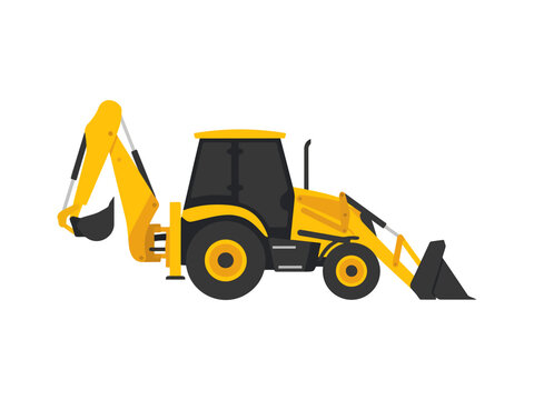 Yellow Backhoe Loader Vector Icon, Heavy Digger Construction