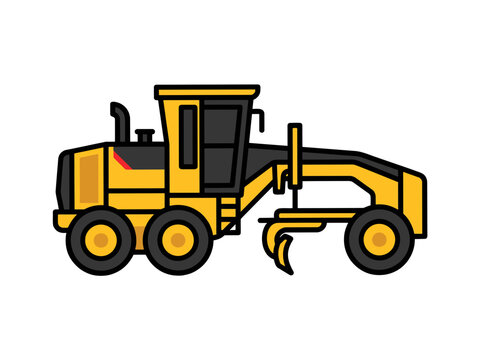 Yellow Motor Grader Vector Icon, Road Construction Grader
