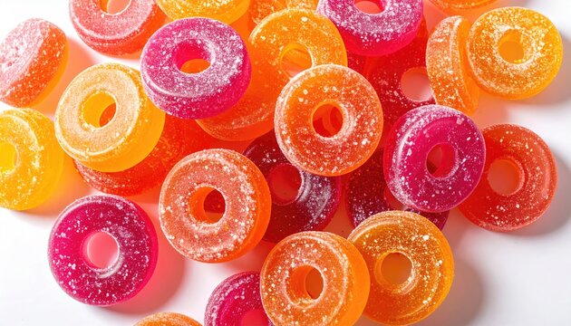 Close-up of a colorful pile of ring-shaped, sugar-dusted fruit candies