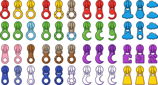 Cute colorful zipper pull tabs vector illustration set featuring novelty cloud shapes padlocks moon hooks rings and metal garment sliders collection isolated