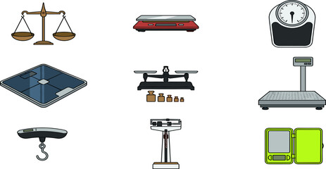 Fototapeta premium Weighing scale vector icon collection featuring classic balance beam digital bathroom kitchen luggage counter and pocket scales for measurement tool design graphics