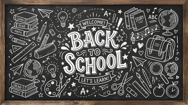 Back to school supplies doodle chalkboard illustration with books globe and stationery for educational resources