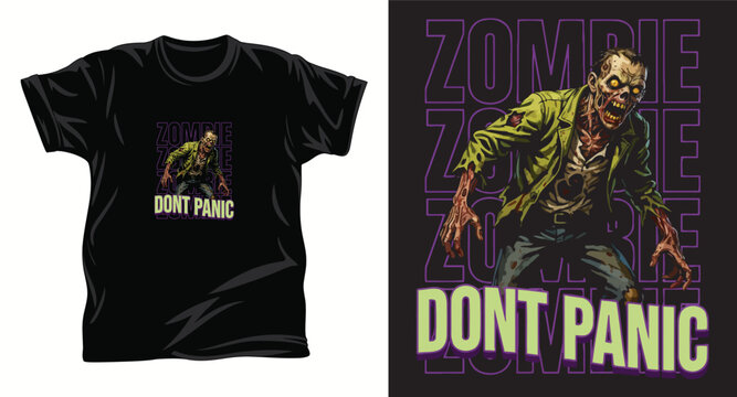 Zombie t-shirt design with angry walking dead monster and dont panic lettering.