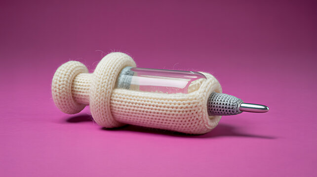 Crocheted cover on a dremel rotary tool, pink background, yarn sleeve