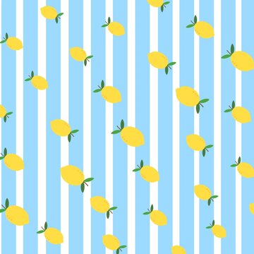 Cute and fresh flat lemon seamless pattern on blue and white striped background.