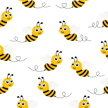 Cute bee pattern with dotted path. Seamless vector design perfect for children's textiles and spring wallpaper.