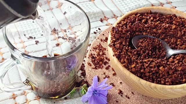 Ground chicory root, chicory flowers and chicory drink on a rustic wooden background. Alternative medicine. Healthy drinks