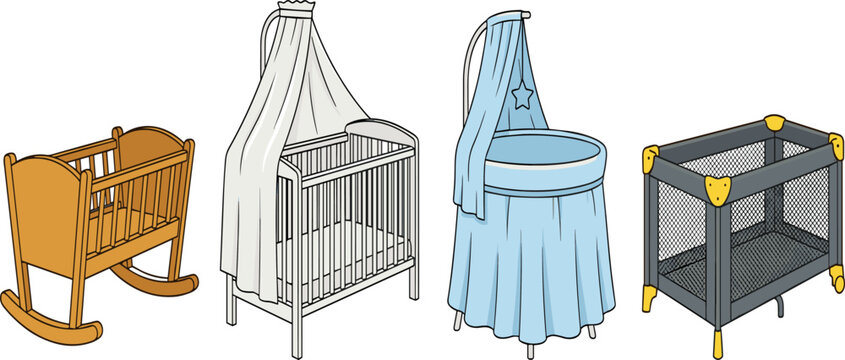 Baby crib and cradle vector illustration set featuring wooden rocking cot classic bassinet with canopy blue round bed and portable mesh playpen collection