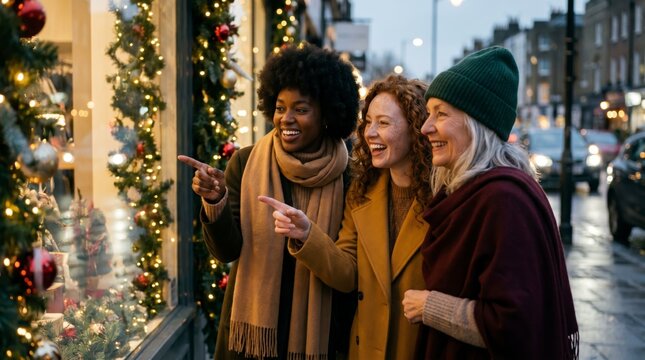 Excited multicultural women window shopping at a decorated store on festive winter evening