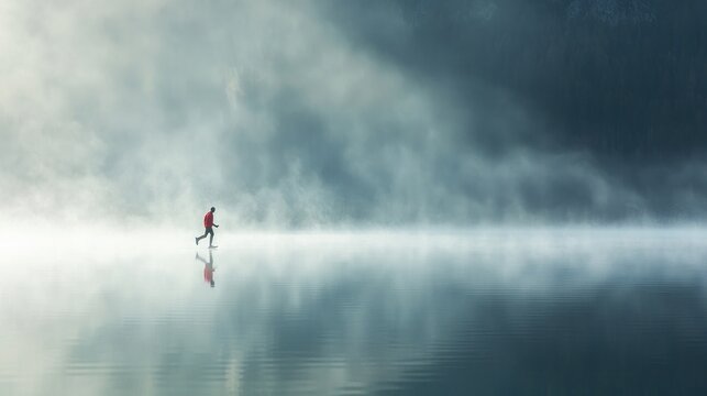 Person running on misty lake