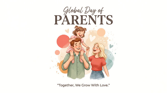 Global day of parents family illustration with child surrounded colorful hearts splatters depicts cartoon illustration parents man woman relationship