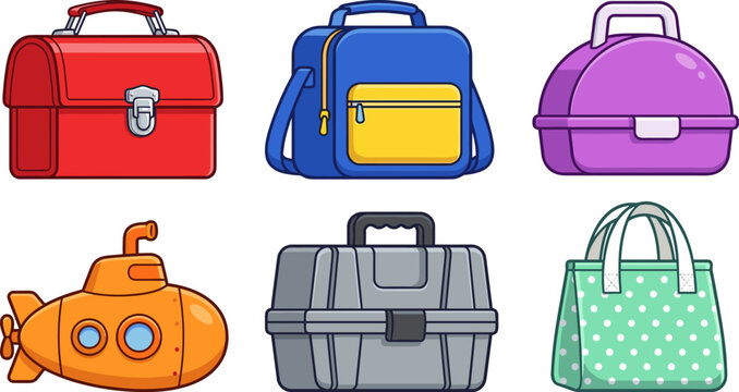 Lunch box vector illustration set featuring retro metal tin fabric cooler bag cute novelty submarine shape and plastic food containers for school