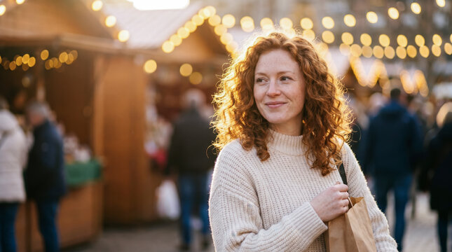 Pensive redhead woman with shopping bag at glowing Christmas market at dusk