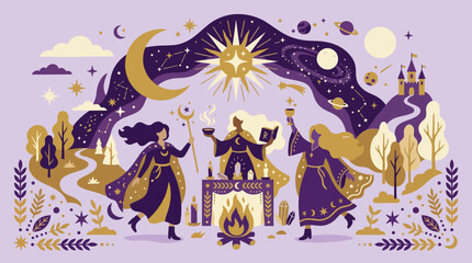 Obraz premium Mystical witches in a magical purple fantasy landscape.