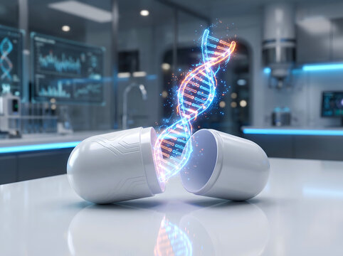 White medical pill capsule open on desk releasing a glowing 3d holographic dna helix in laboratory