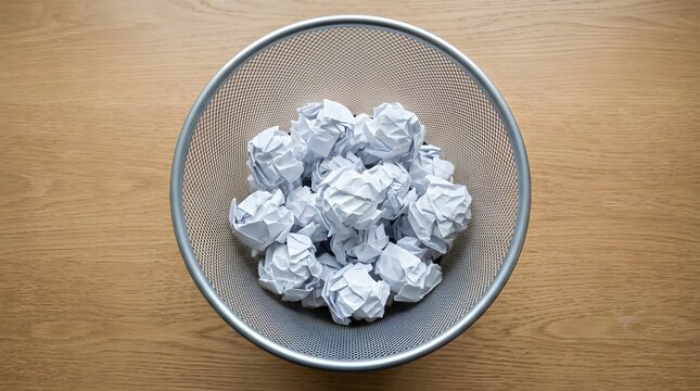 Crumpled paper balls filling a metal waste bin on a wooden desk, symbolizing discarded ideas or mistakes