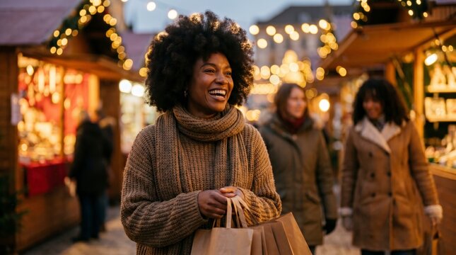 Joyful African woman walking festive Christmas market with shopping bags at dusk