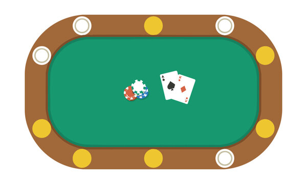 Overhead view of a minimalist poker table with playing cards and chips on a green felt surface isolated on a white background gambling and casino concept