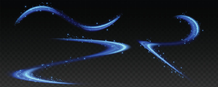 Blue wind waves effect. Abstract light motion trails with sparkles isolated on black background. Light blue Twirl. Curve light effect of blue line. Luminous blue circle.	
