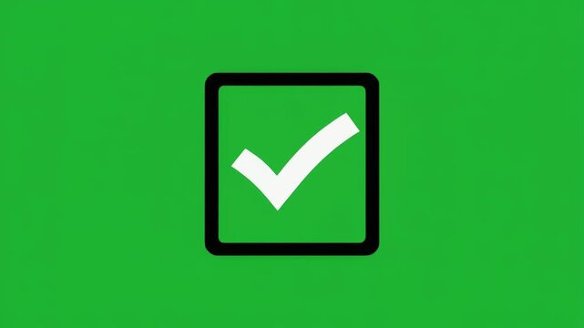 Minimalist white checkmark in black frame on green background denoting completion