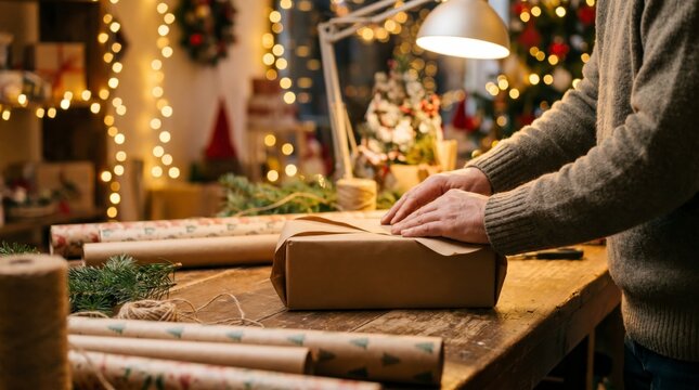 Man wrapping Christmas gift in kraft paper with twine at cozy festive workshop
