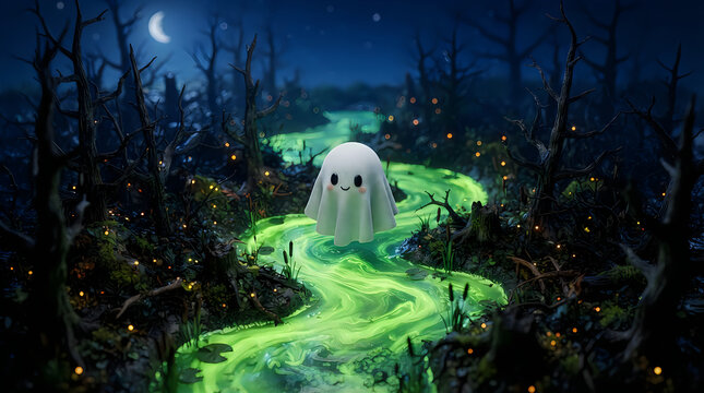 Tilt-Shift Birds Eye View of Cute Cartoon Ghost Floating Over Toxic Swamp