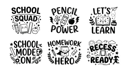 Obraz premium Collection of cute hand drawn school themed designs with playful lettering and kawaii style illustrations