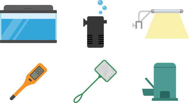 Aquarium and fish tank equipment vector illustration set featuring glass aquarium water filter led light thermometer fish net and automatic pet feeder