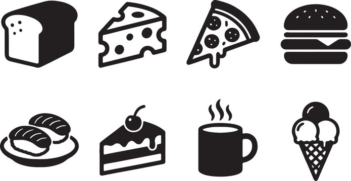 Set of black food and beverage icons including pizza slice bread and ice cream