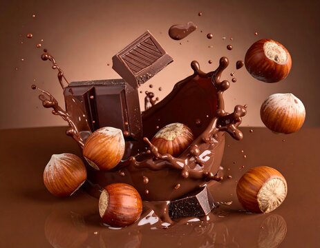 A dynamic scene of chocolate splashing with hazelnuts flying around