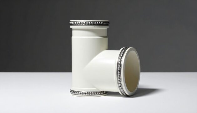 White pipe fitting with textured metallic accents on a white surface