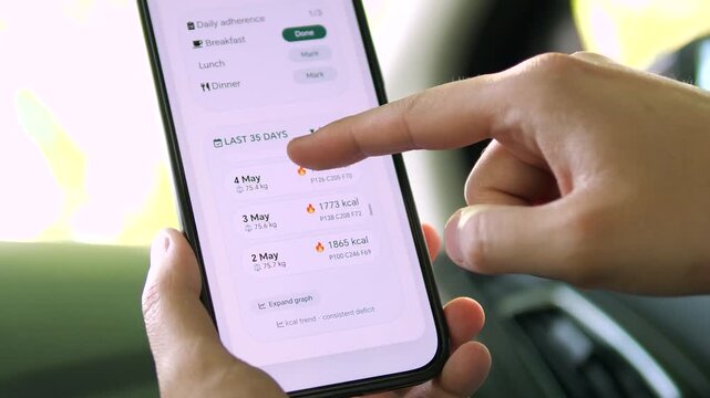 User checking daily adherence for breakfast, lunch, and dinner. Scrolling through past data to ensure dietary consistency. High demand for self-improvement, habit tracking, and digital lifestyle stock