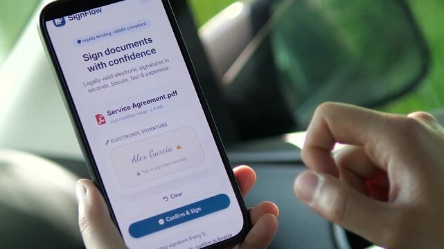 Fast, secure digital document signing on a smartphone. A user prepares to sign a service agreement electronically. Ideal for remote work tools, paperless office solutions, and virtual deal closures.