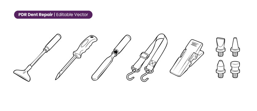 PDR dent repair tools vector set for car auto body paintless fixing, including tap down, scraper, strap, clamp, and tips. Outline illustration icon collection for garage and maintenance workshops.