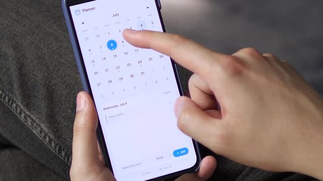 Clean, white UI for a mobile calendar. User navigates between dates, reviewing scheduled events and interacting with the intuitive layout. Ideal for app design portfolios, UX showcases, 