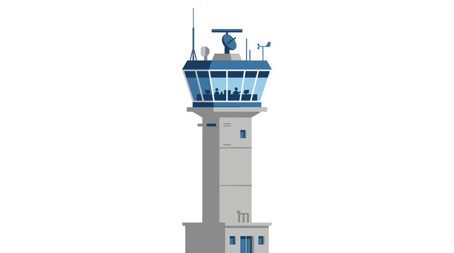 A flat vector illustration of an airport air traffic control tower isolated on white background.