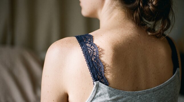 Macro photo of woman's shoulder lace shadow 2k showing woman's features showing delicate skin pores natural beauty details and high-resolution skin texture with professional studio lighting