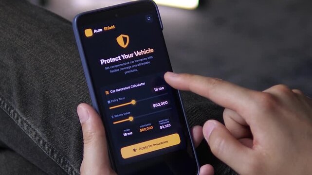 Smartphone app for managing auto insurance coverage. User reviews a 60,000 dollars vehicle value and 18-month term before applying. Great for personal finance apps, vehicle protection