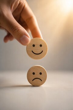 Hand holding a wooden block with a smiling face icon above a sad face icon on a table. Customer experience, feedback, mood scale and mental health assessment concept. Evaluation tool