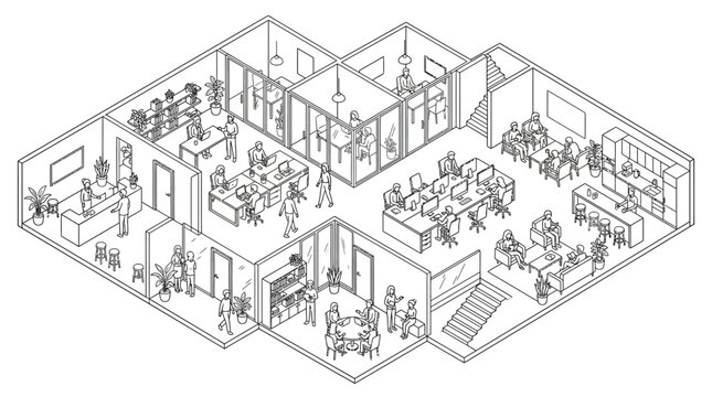 Isometric illustration of a busy office floor plan with people working