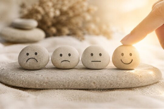 Woman hand choosing happy stone among sad and neutral face icons. Concept of positive mindset, customer experience, service quality improvement and mental health wellness choices