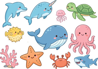 Cute cartoon sea animals vector element sticker set featuring whale dolphin narwhal shark octopus jellyfish turtle crab pufferfish and starfish on white © Lili Begum