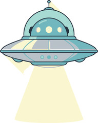 Fototapeta premium Retro teal and yellow flying saucer emitting a bright beam of light, a charming minimalist flat design for sci-fi and alien-themed projects.