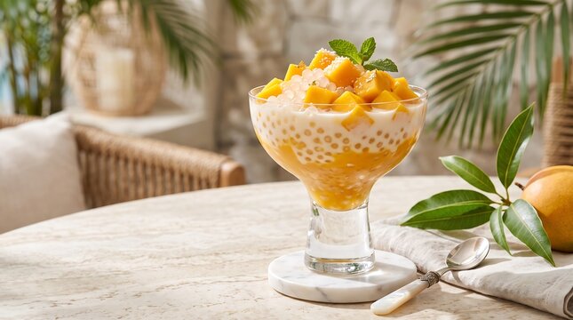 Mango sago dessert drink in elegant glass, tropical studio background, beverage photography for premium dessert ads and caf&eacute; branding