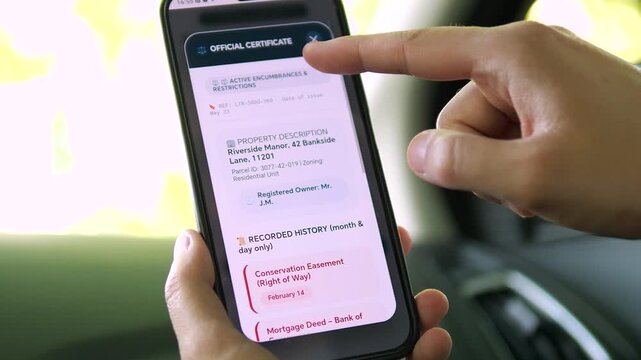 User tapping to order a certified property statement. App displays a Retrieving title an registry data loading status. Ideal for legal tech, digital documentation, and real estate cloud services stock