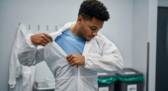 Focused African American scientist zipping up a white biohazard protective coverall in a sterile laboratory environment or medical facility.