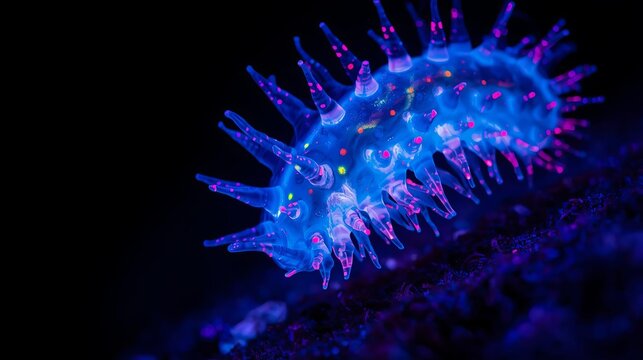 Glowing blue microorganism under microscope.